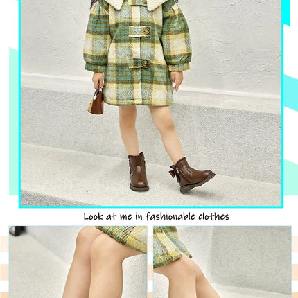 Girls Ankle Boots with Back Bow-knot Kids Short Boots Soft Sole 2025 New Girls' Princess Leather Boots with Warm Cotton Side Zip