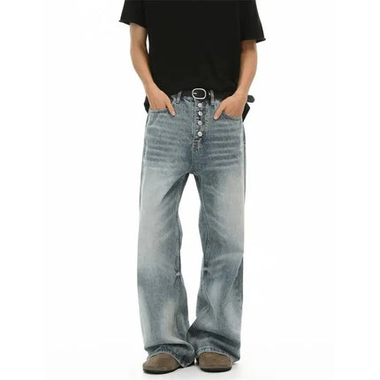 Men's Washed Distressed CatEye Pattern Five Button Jeans Straight Loose Casual Washed Wide Leg Denim Long Pants