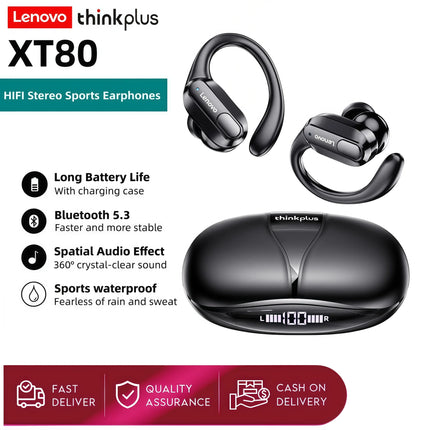 Lenovo XT80 Hifi Stereo Sport Earphones with Mic Bluetooth Wireless Headset LED Power Display Waterproof outdoor cycling Earbuds