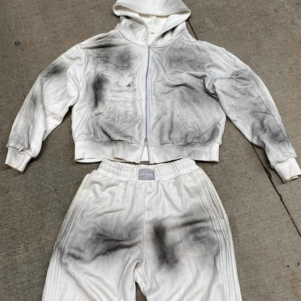 2026 Vintage Distressed Hip Hop Tracksuit Unisex Hoodie + Loose Retro Casual Pants Set Streetwear Trendy