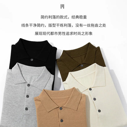 Men's short sleeved polo shirt, stylish top, knitted T-shirt, 2024 summer wool blend casual business pullover