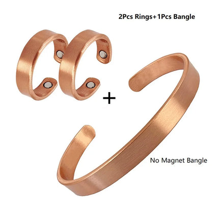 Set Pure Copper Bracelets and Rings for Women Men Simple Cuff Magnetic Bangles Arthritis Health Solid Copper Jewelry