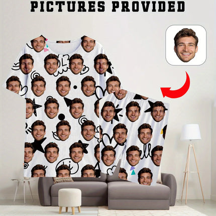 Men's Women's Facial Printed T-Shirt Shorts Set Personal Photo Customize Pajamas Comfortable Loose Home Set Valentine's Day Gift