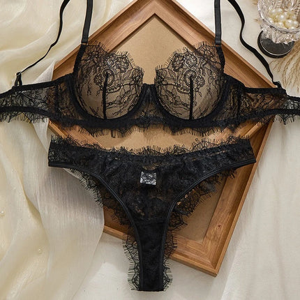 Ladies' Basic Style Thin Lace Bra and Panty Set Seamless Single Layer Eyelet Underwear Comfortable Intimate Apparel