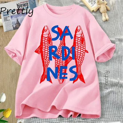 Sardines Graphic Tee Trendy Fish T-shirt Casual Short Sleeve Cotton T Shirt Streetwear Round Neck T-shirt Streetwear Cool Tees