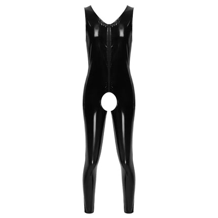 Mens Sleeveless Wet-Look PVC Catsuit Shiny PU Leather Crotchless Open Crotch Bodysuit Tights Sexy Cosplay Leotard Unitard Body