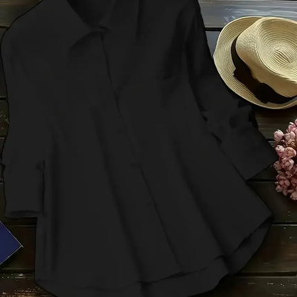 Plus Size Women Cotton Linen Button Down Shirts Long Sleeve Lapel Shirt Tops Solid Color Loose Casual Tops