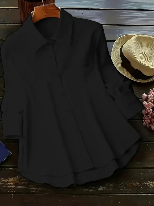 Plus Size Women Cotton Linen Button Down Shirts Long Sleeve Lapel Shirt Tops Solid Color Loose Casual Tops