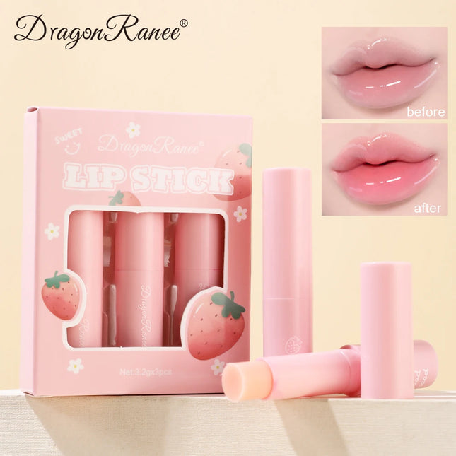 Dragon Ranee  3-Piece Set Thermochromic Moisturizing Lip Balm Hydrating Color-Changing Fruit Strawberry Colorless Pink Lipstick