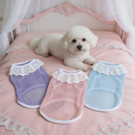 Adorable lace-edged pet tank tops in three colors, cooling mesh for dogs, anti-shedding clothes for cats