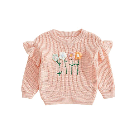 Kids Baby Girl Clothes Children Fall Winter Sweaters Long Sleeve Round Neck 3D Flower Knit Pullover Tops Toddler Chunky Knitwear