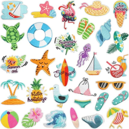 10PCS Couple BULK Vacation Embroidery Cloth Sticker Summer Beach Patch Clothes Decoration Swimming Ring Beach Ball Computer
