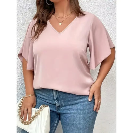 Plus Size 1XL-5XL Women's Solid Color  Short Sleeve Blouse V Neck Bell Sleeve Blouse Casual Pullovers Shirt Top
