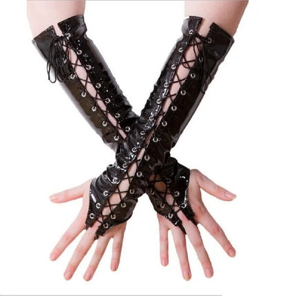 Sexy Long PVC Women Black Red Gloves Ladies Fetish Faux Leather Black Bandage Gloves Clubwear Sexy Cosplay Costumes Night Club