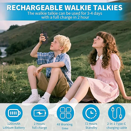 Kids Walkie Talkies 2 Pack, 3 Miles Range, 2000mAh Rechargeable, 16 Channels, LCD Flashlight, Gift for Camping Hiking