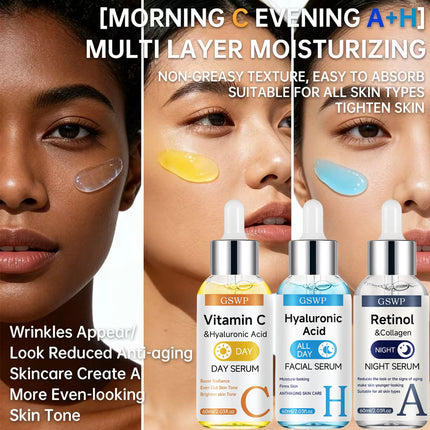GSWP Day & Night Serum Set,Vitamin C + Retinol + Hyaluronic Acid Serums,Deeply moisturizes,tightens and brightens the face.2/3PC