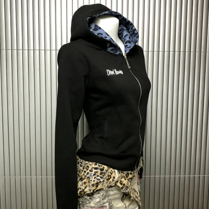 European And American Style Trend Simple Versatile Millennium Style Letter Print Blue Leopard Print Brim Zipper Hoodie Jacket