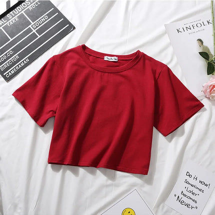 Summer Short Sleeve T Shirts Women  Solid T-shirt O Neck High Waist Crop Top Tee Female Casual Loose T Shirt