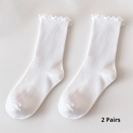 Cotton Socks for Women Girls Ruffle Top Solid Color Spring Autumn Breathable Soft Mid-calf Sock 1 Pair or 2 Pairs