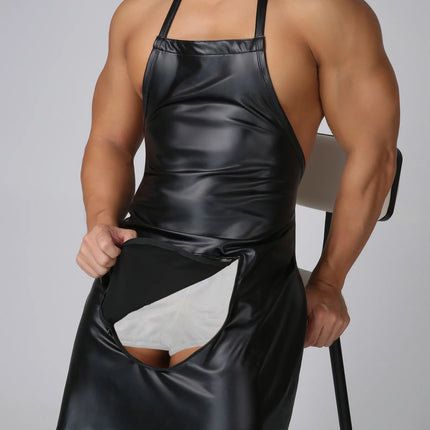 Open Crotch Men Erotic Sexy Faux Leather Apron Bodysuit Lingerie Chef Butcher Cosplay Fetish Costume Performance Clubwear