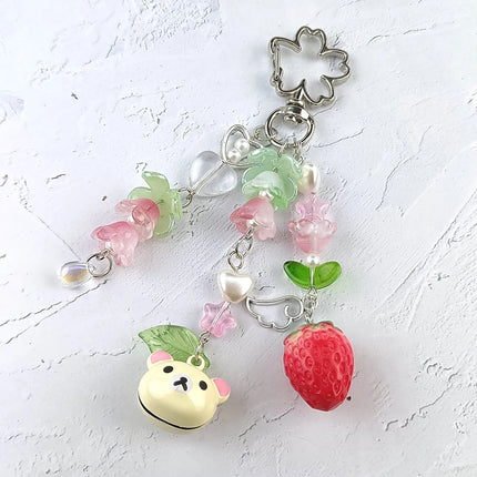Handmadede Small Bell Bear Pendant Phone Charms Y2K Fairy Core Strawberry Rilakkuma Beaded Keychain Bag Accessories for Girls
