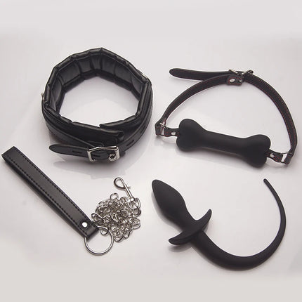 BDSM Mouth Gag Puppy Play,Leather Padded Save Collars,Silicone Anal Plug Tail Petplay,Bondage Set,Sex Toys for Couple,Adult Game