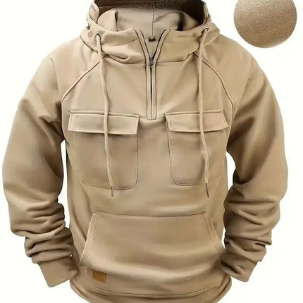 Fashionable Youth Men's Hoodie Solid Color Casual Autumn/Winter Pullover with Multi Pockets Patch Design