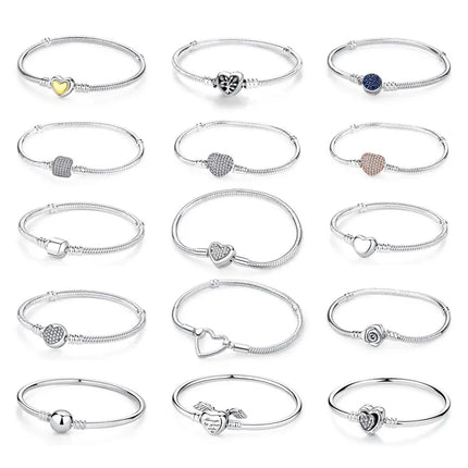 Original 925 Sterling Silver Bracelets Bangles Love Heart Clip Charms Beads Snake Chains For Women Rose Gold DIY Luxury Jewelry