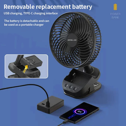 OPOLAR Rechargebale 8inch Portable Fan Auto Oscillation Clip Fan with Hook Removable Battery as Mini Power Bank for Home Outdoor