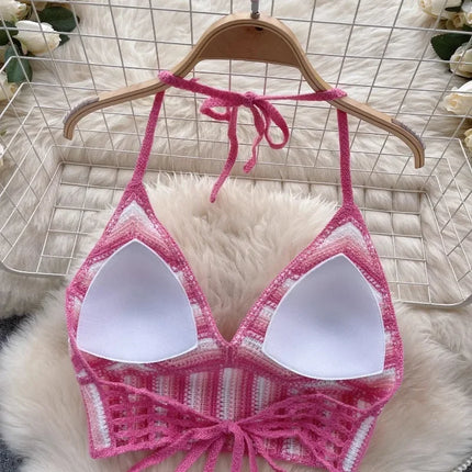 Beach Vacation Style Cami Top Women Design Sense Color Blocking Hook Flower Slim Fit Camisole Short Sexy Exposed Navel Crop Tops