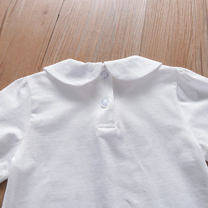 Kids Shirt Embroidered Peter Pan Collar Pink Bow Short Sleeve Summer Clothing for Ages 3-6 Girls