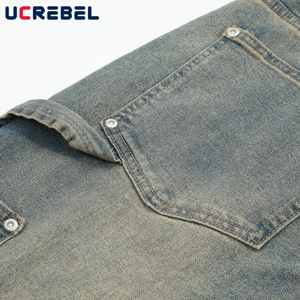 Double Knee Denim Flare Pants Mens Retro High Street Spring Loose Pocket Washed Distressed Carpenter Jeans Men