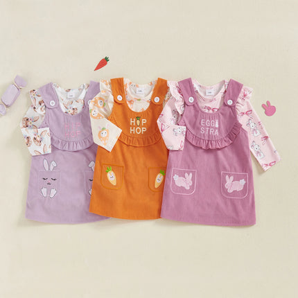 Baby Girl Easter Outfit Bunny Bow Long Sleeve Romper with Overall Dress 2 Pcs Spring Set