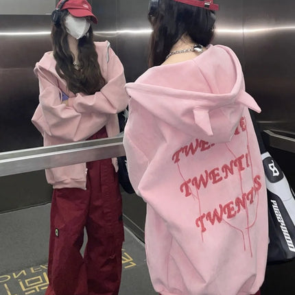 Retro Zipper Up Hoodie Y2K Clothes Pink Harajuku Hip Hop Oversized Little Devil Hoodie Sweatshirt Women Casual Zip Jacket Tops