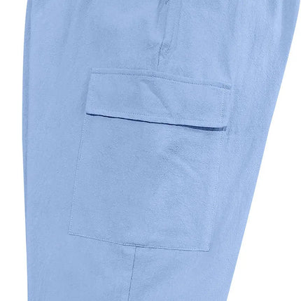 Men's Cotton Linen Blend Cargo Jogger Pants, Elastic Waist Drawstring Trousers with Side Pockets for Summer Casual Daily Outdoor