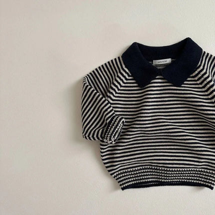 2026 Spring Children Sweatshirt 1-6Y Turn Down Collar Kids Cardigan Classic Striped Boys Jacket Sweaters Girls Knit Pullover