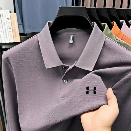 Men's high-end long-sleeved polo shirt, branded, printed top, spring, 100% cotton, comfortable, breathable sports and leisure T-shirt