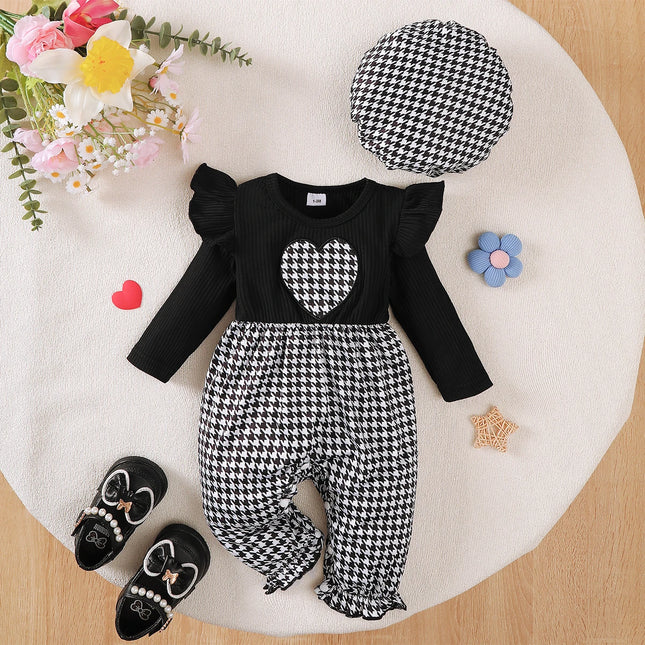 0-18 Months Baby Girl Thousand Bird Grid Love Fashion Long Sleeve Bodysuit+Hat Two Piece Set Newborn Baby Girl Crawler Bodysuit
