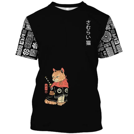 Japanese Samurai Cat Print T Shirt For Men Casual Simplicity O-neck Short Sleeve Fashion Trend Harajuku Streetwear Oversized Top