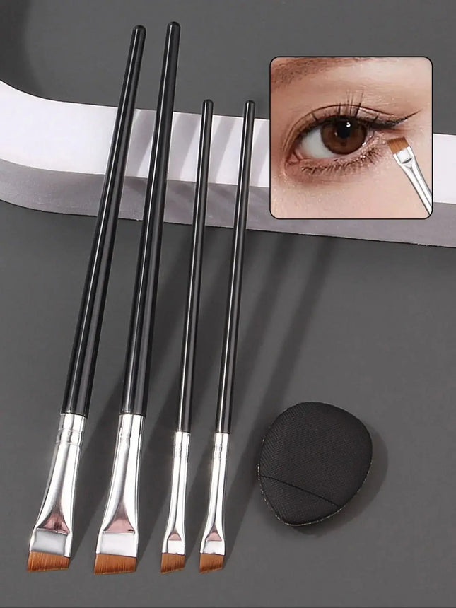 4pcs Ultra-thin Fine eyeliner and eyebrow Brush set, beginner's eye detail makeup brush + Mini Concealer finger powder puff