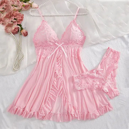 Plus Size Sets Sexy Nightgown Set Transparent Ultra-thin Women Pajamas Lace Brathong Set  Summer Lingerie Hot Mini Night Dress
