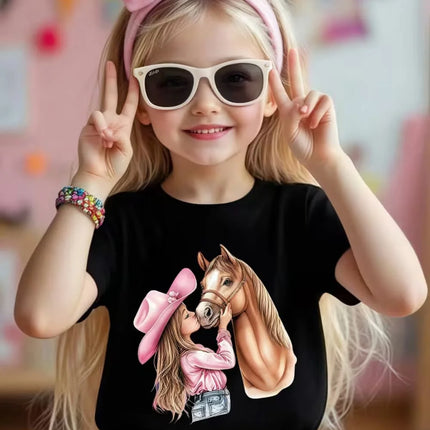 Girl Clothes Cow Girl Riding Horse 3D Print T-Shirt Western Festival Casual Top Summer Short Sleeve Outdoor Children's Clothing