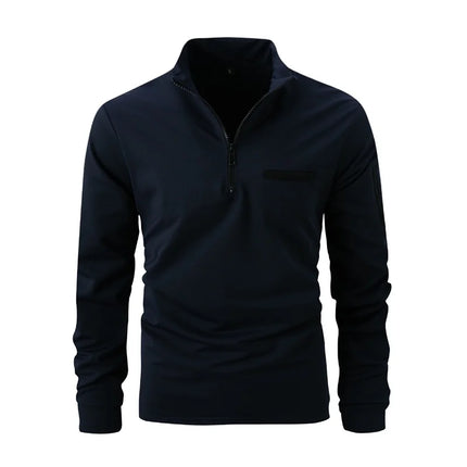 Men's stand-collar half-zip long-sleeve polo shirt, new autumn/winter style casual top with trendy and simple pocket detail