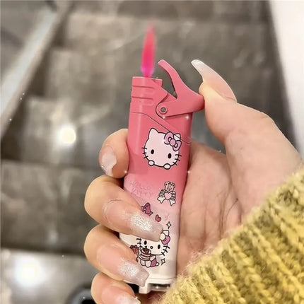 New Butane Gas Lighter Hello Kitty Inflatable Lighter Pink Flame Metal Lighter High Beauty Gift Small Gift