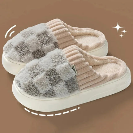 Fashion Couple Winter Toe Wrap Warm Plaid Plush Slippers Men Women Thick Soft Sole Slides Indoor Floor Flat Home Non-slip Shoes
