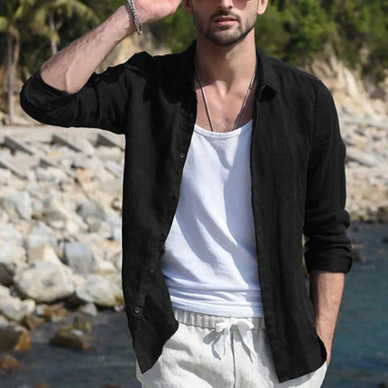 Men's retro casual long-sleeved lapel single-breasted cardigan shirt