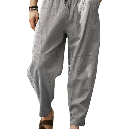 Men's Cotton Linen Pencil Pants Summer Loose Elastic Waist Hip Hop Trousers Solid Color Breathable Casual Joggers