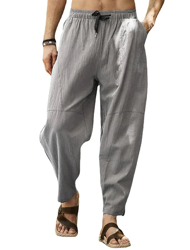 Men's Cotton Linen Pencil Pants Summer Loose Elastic Waist Hip Hop Trousers Solid Color Breathable Casual Joggers