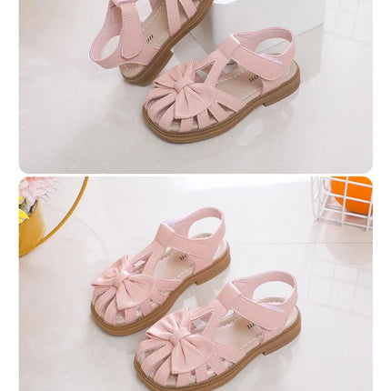 Cute Girls Sandals Bow Peep-toe 2025 New Soft Hook & Loop Beige Kids Princess Shoes Casual Sandals Cute Children Shoes Non-slip