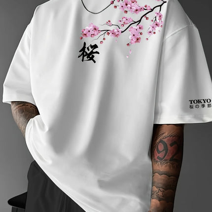 Summer Men Cherry Blossom Pattern Japanese Style Loose-Tee Shirt Suitable for Daily Wear 100% Cotton Material Trendy Versatile